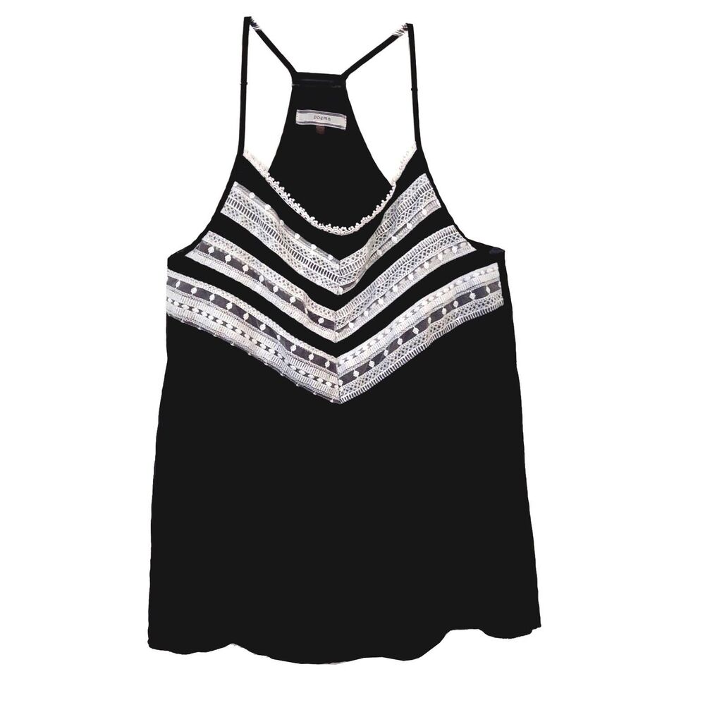 Black Sleeveless Tank Top Medium Lace Accents Racerback Strappy